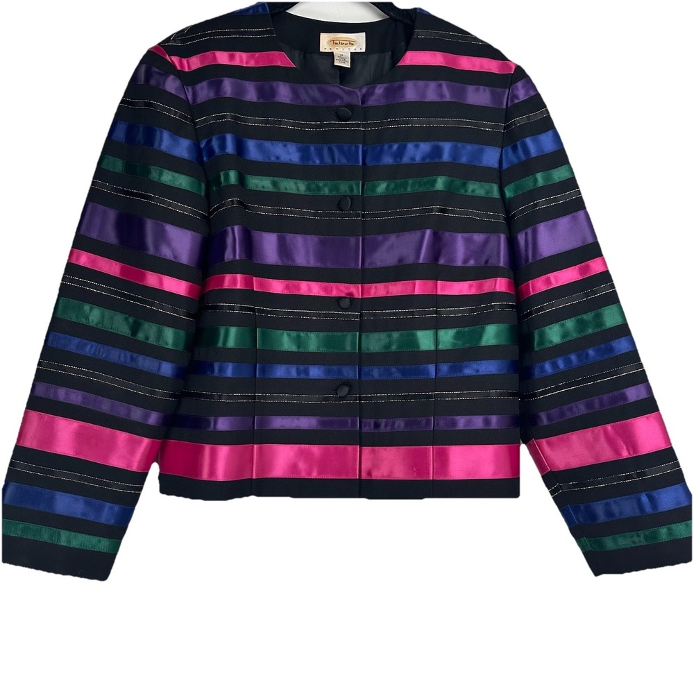 Talbots Ribbon Cropped Jacket Size 12 Black Rainbow Jewel Tone‎ Dopamine Office